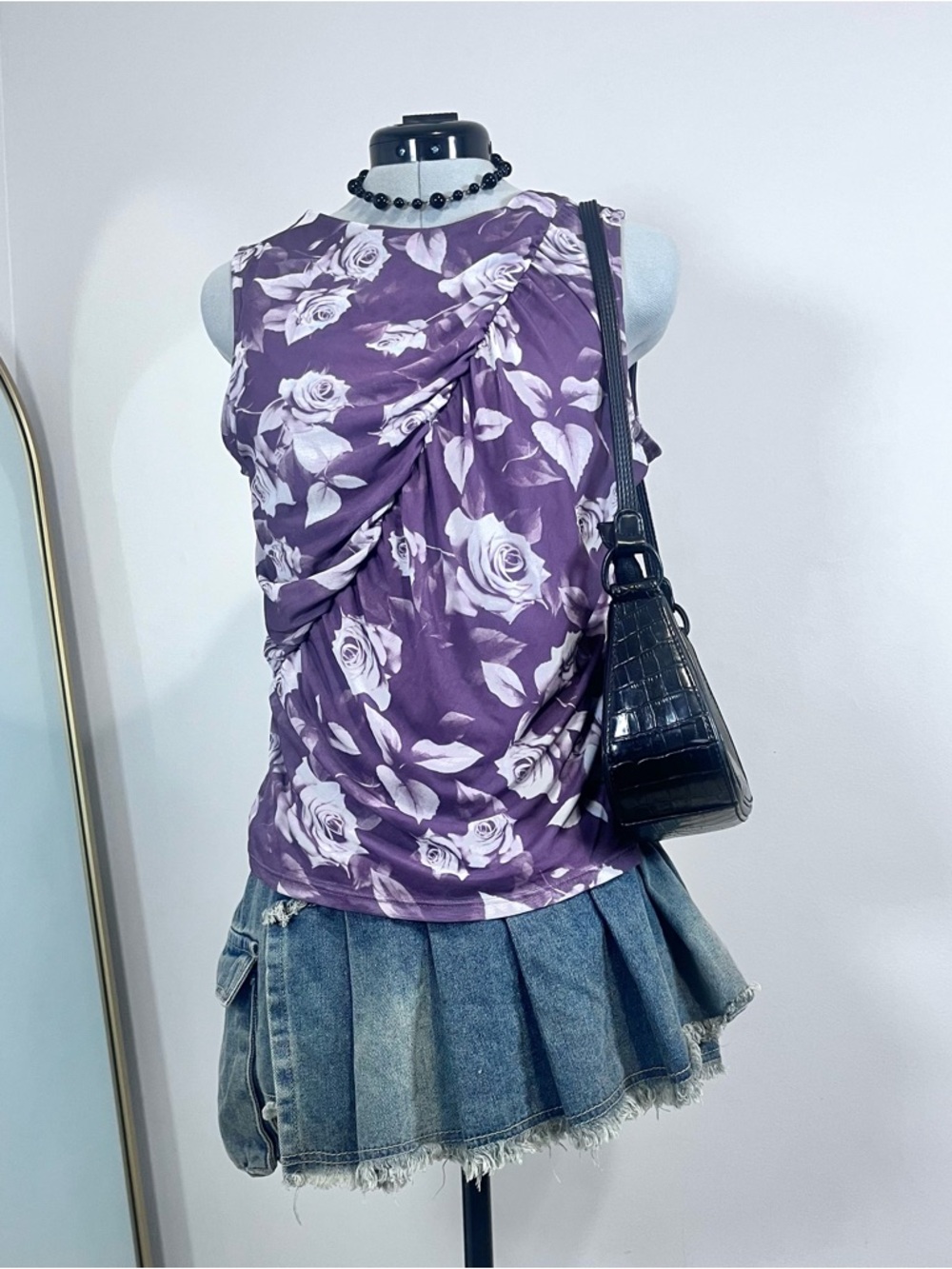Rebellious Dreamer Sleeveless Purple Floral Ruched Mesh Top